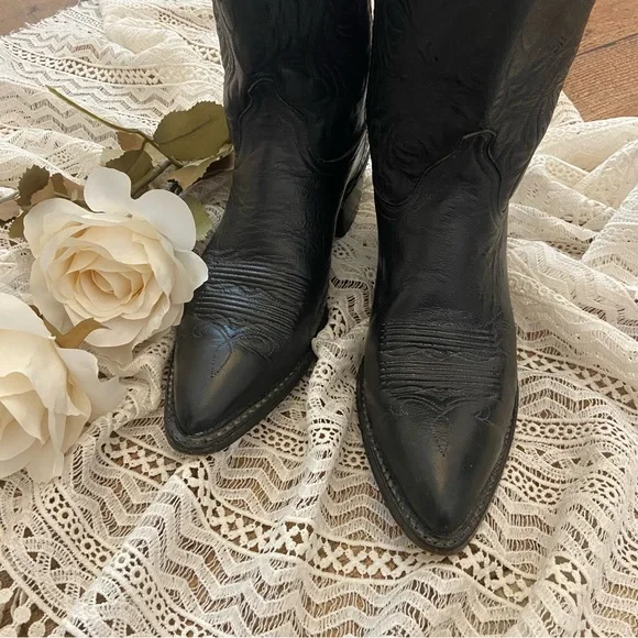 DAN POST Black Leather Cowboy Boots Western Pointy Toe Coastal Cowgirl - Picture 4 of 10